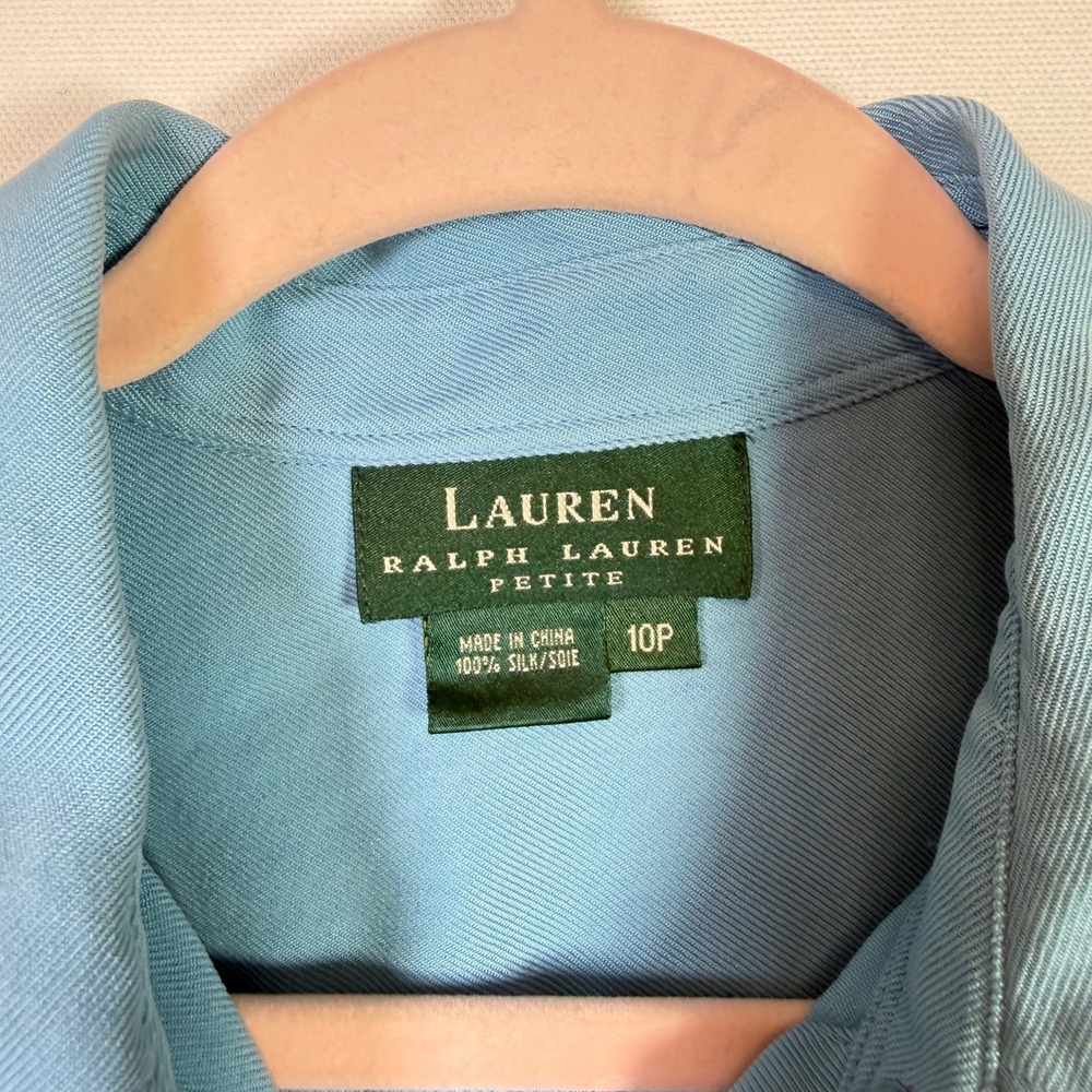 LAUREN RALPH LAUREN Blue 100% Silk Twill Button Down Shirt 10P - Picture 3 of 5